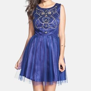 Jump Apparel embellished blue mesh dress